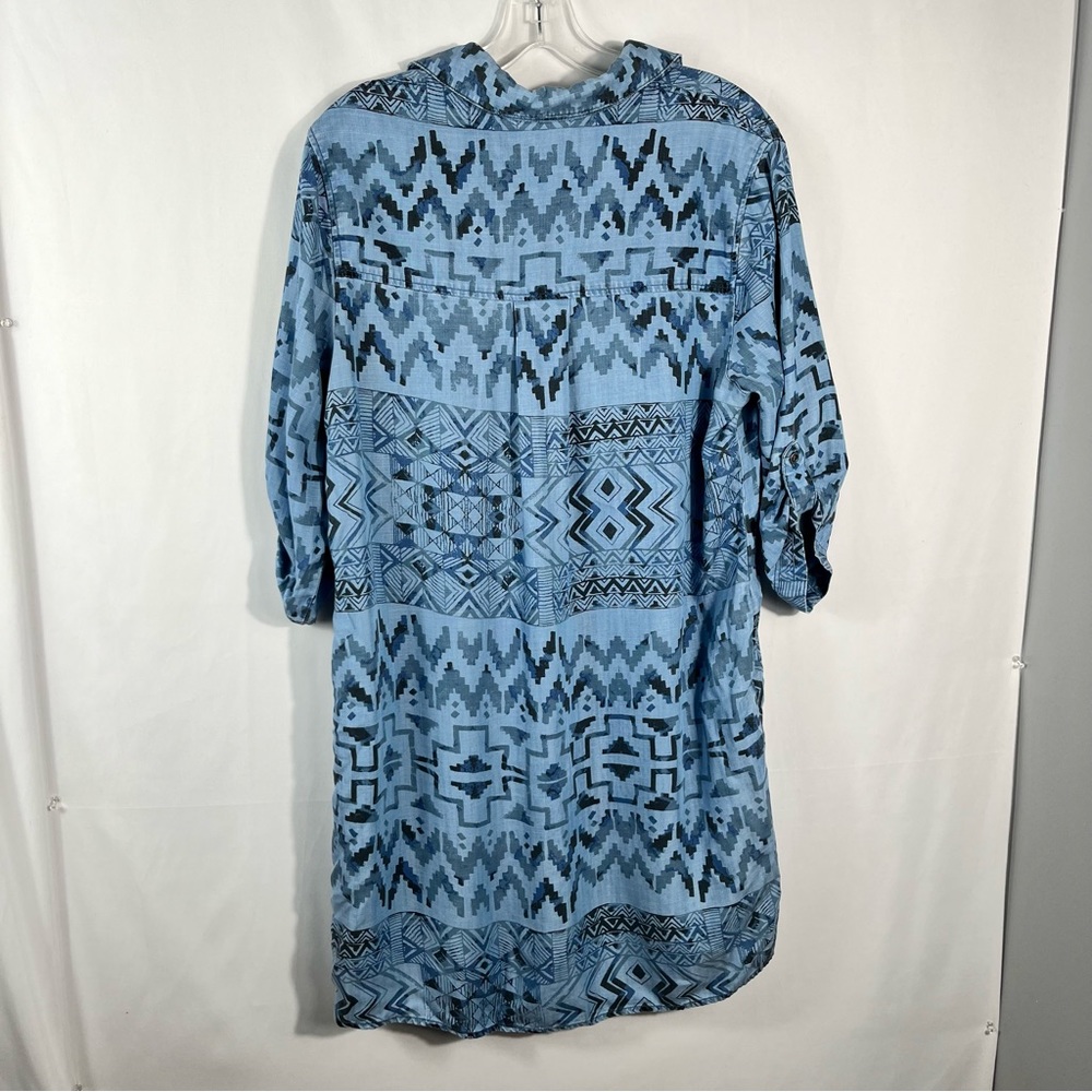 Soft Surroundings Blue Aztec Pattern Roll Tab Sleeve Relaxed Popover Tunic Shirt - Picture 6 of 6